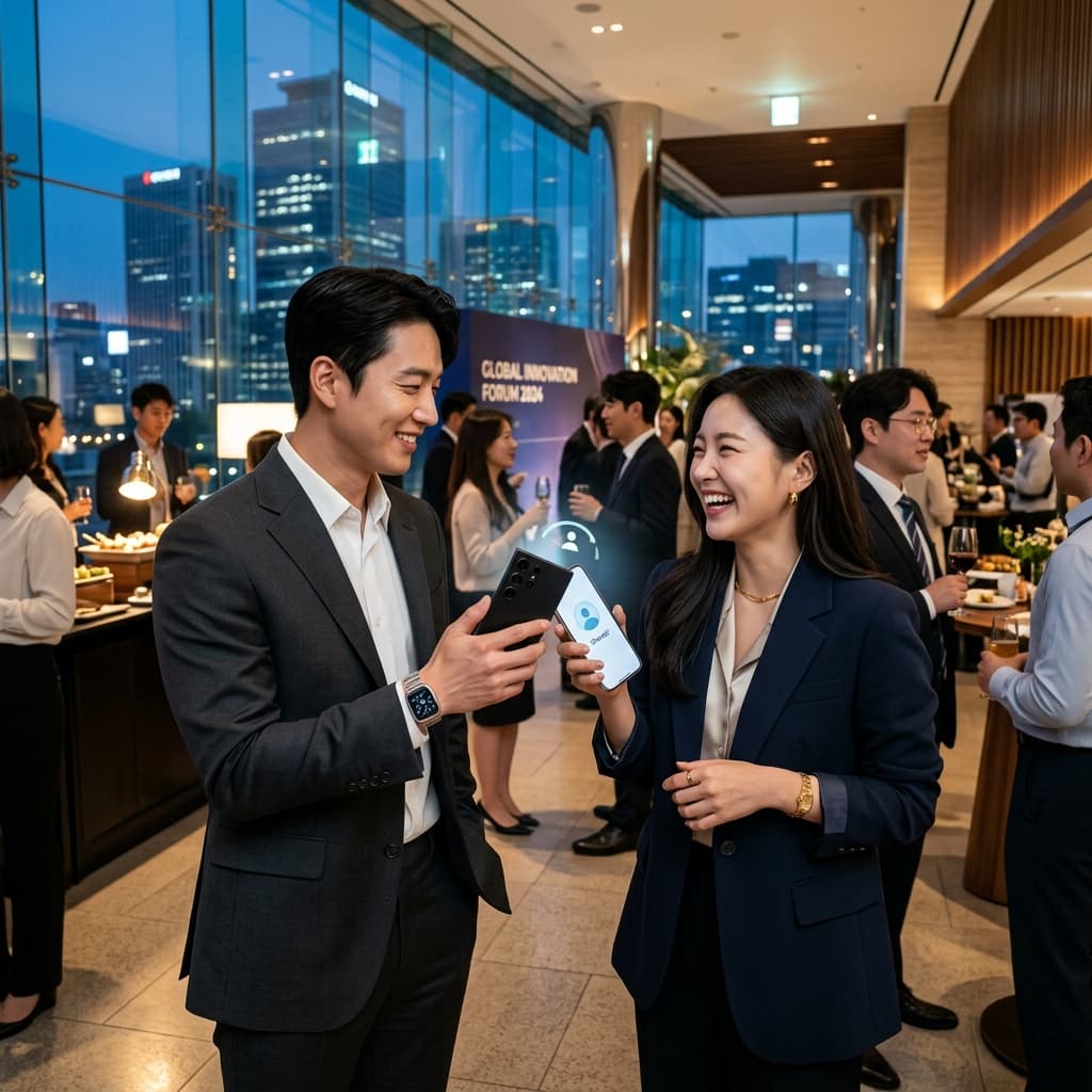 비즈니스 네트워킹에서 TapToMeet으로 명함을 교환하는 장면